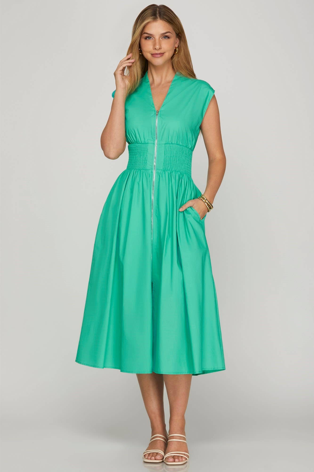 Drop Shoulder Smocked Waist Midi Dress: R BLUE