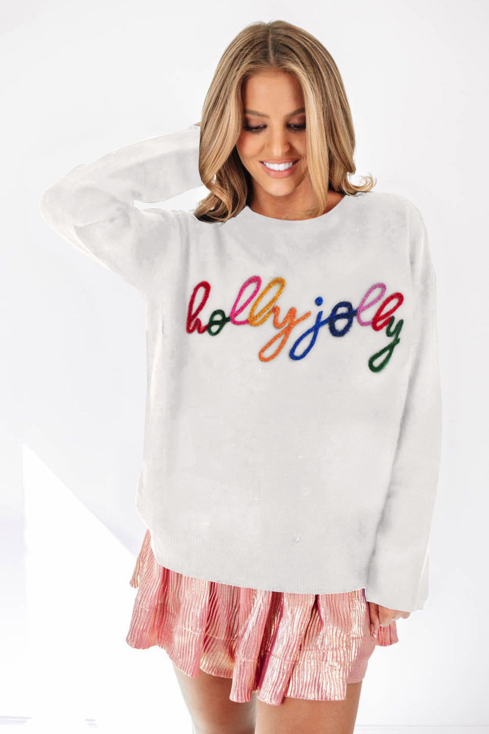 Holly Jolly Merry & Bright Round Neck Casual Christmas Sweater