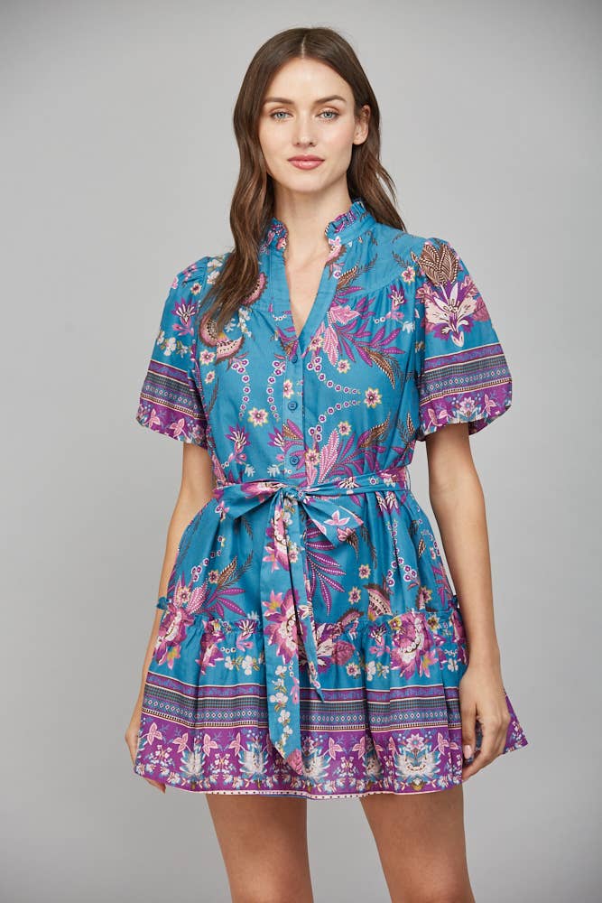 FATE: SELF SASH RUFFLED V-NECK SHORT SLEEVE MINI DRESS