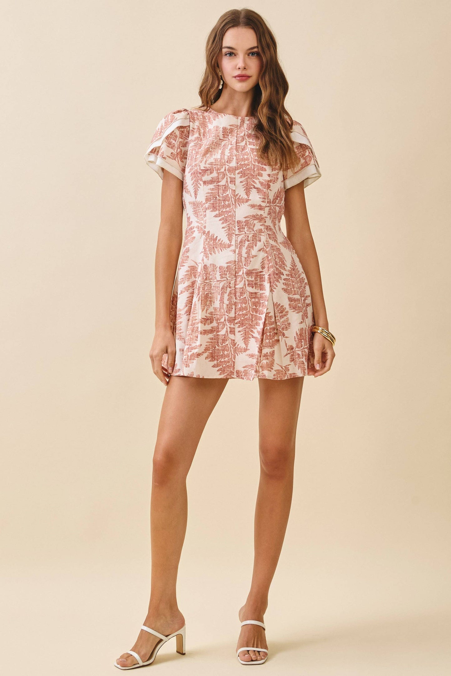 TCEC Fern Print Back Gathers Detail Puff Sleeves Dress