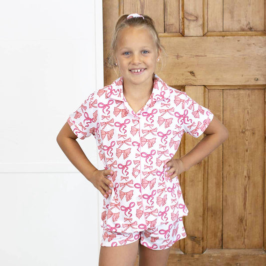 Girl's Sutton Bow Sleep Short Set   White/Pink   -Asst.: XLarge (14-16)