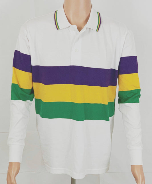 Adult Mardi Gras Polo Shirt (White, LS) # 287: Small