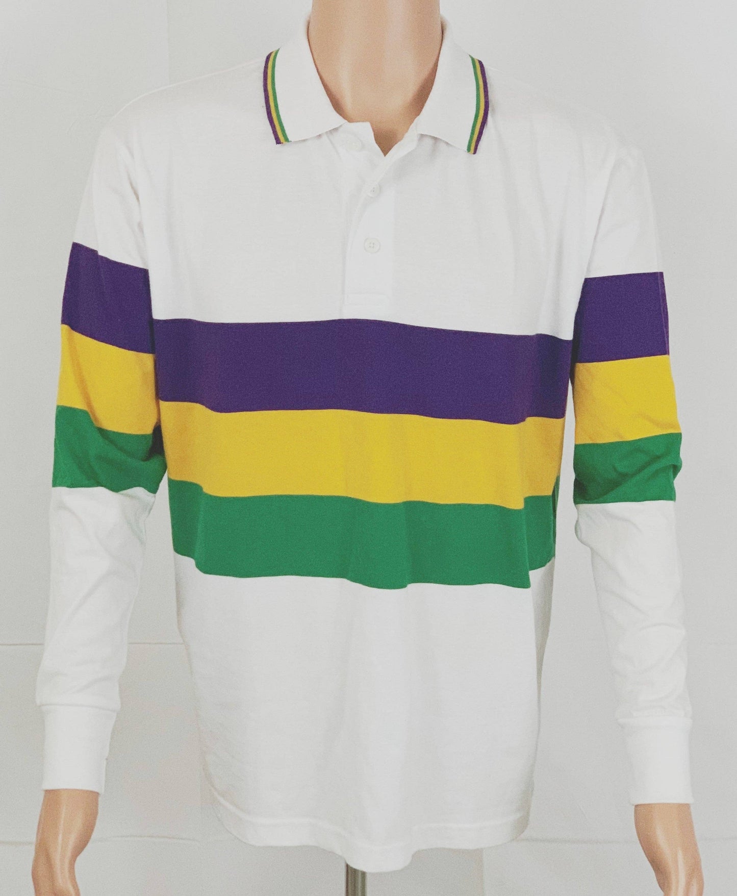 Adult Mardi Gras Polo Shirt (White, LS) # 287: Large