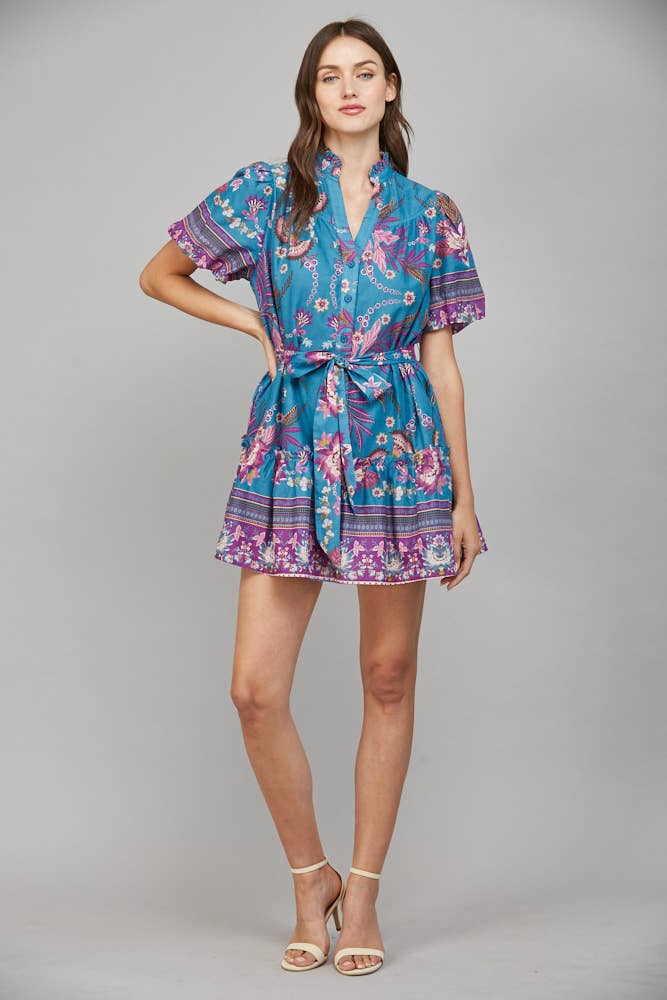 FATE: SELF SASH RUFFLED V-NECK SHORT SLEEVE MINI DRESS