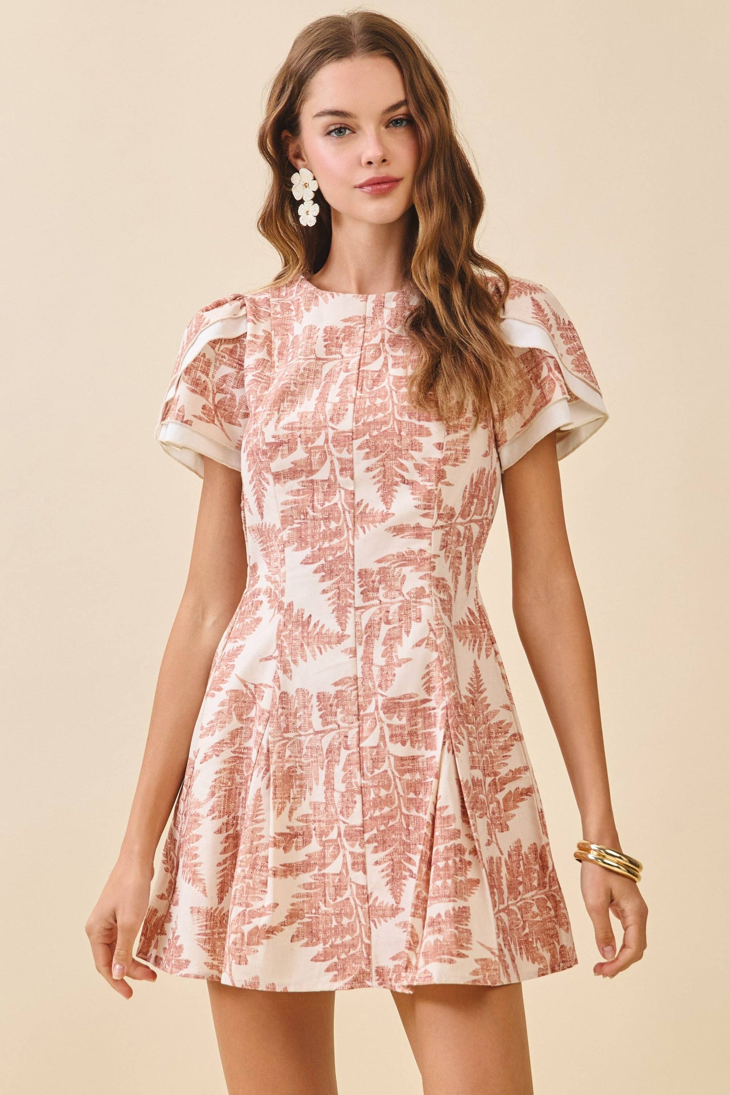 TCEC Fern Print Back Gathers Detail Puff Sleeves Dress