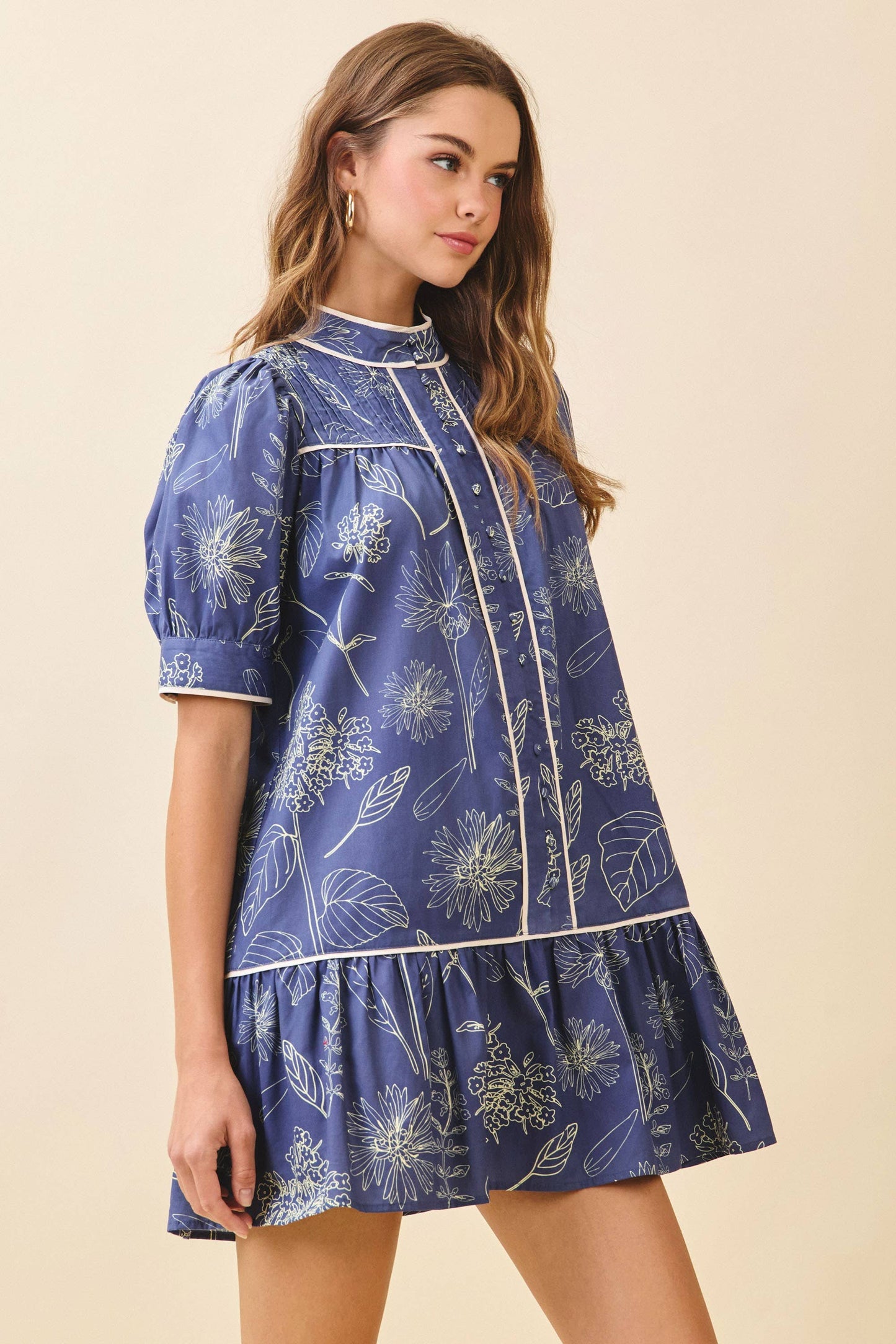 TCEC Floral Print High Band Collar Piping Trim Dress