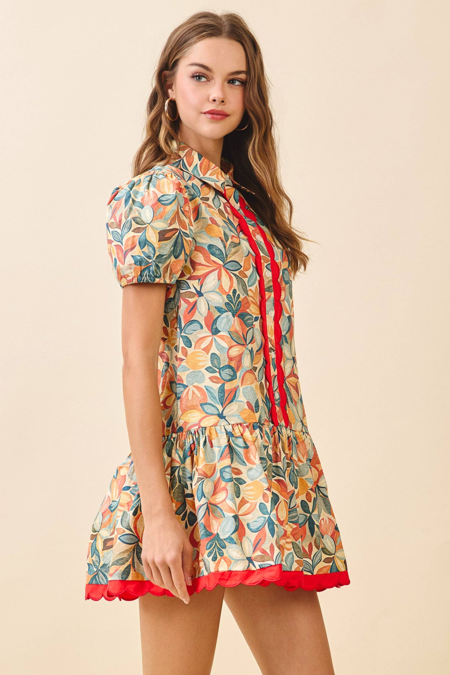TCEC Floral Print Collared Neck Scallop Detail Dress