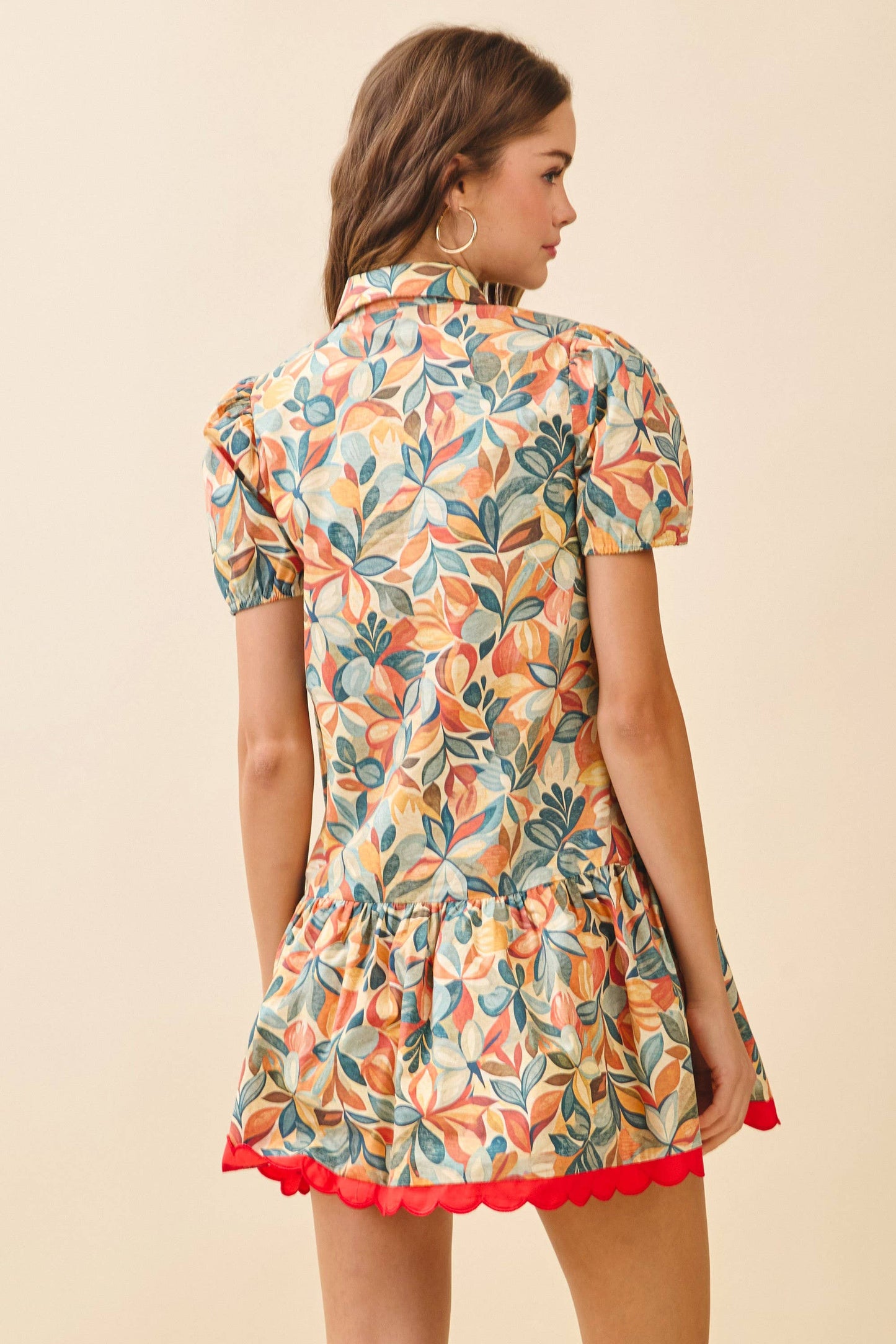 TCEC Floral Print Collared Neck Scallop Detail Dress