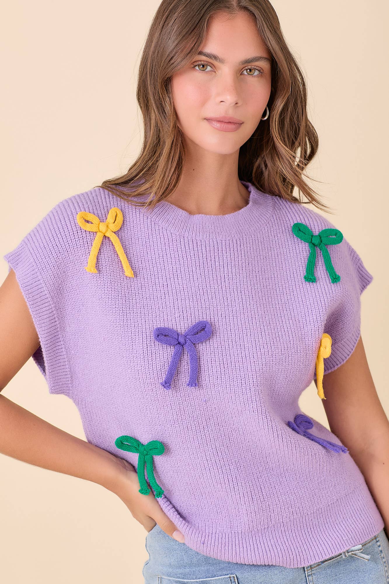 Mardi Gras Ribbon Bow Knit Top: PURPLE / S