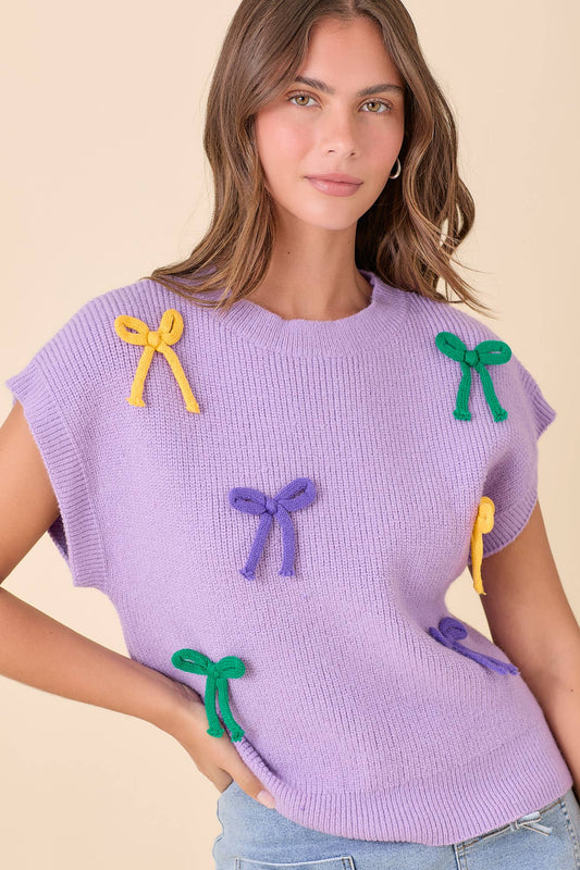 Mardi Gras Ribbon Bow Knit Top: PURPLE / M