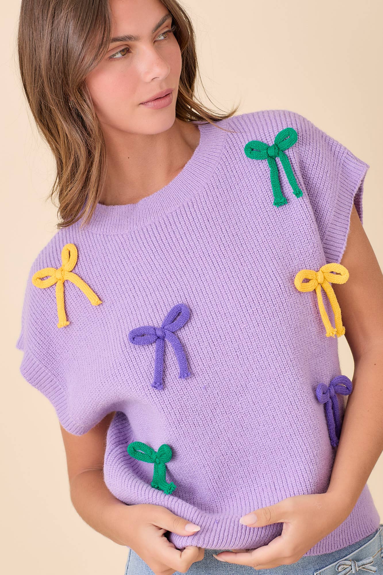 Mardi Gras Ribbon Bow Knit Top: PURPLE / S