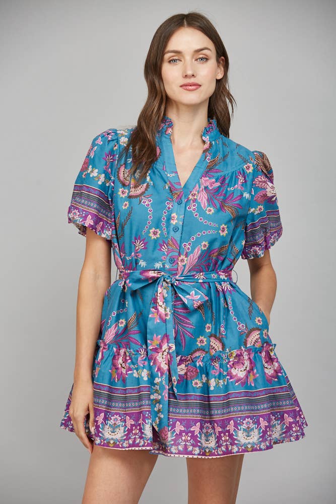 FATE: SELF SASH RUFFLED V-NECK SHORT SLEEVE MINI DRESS