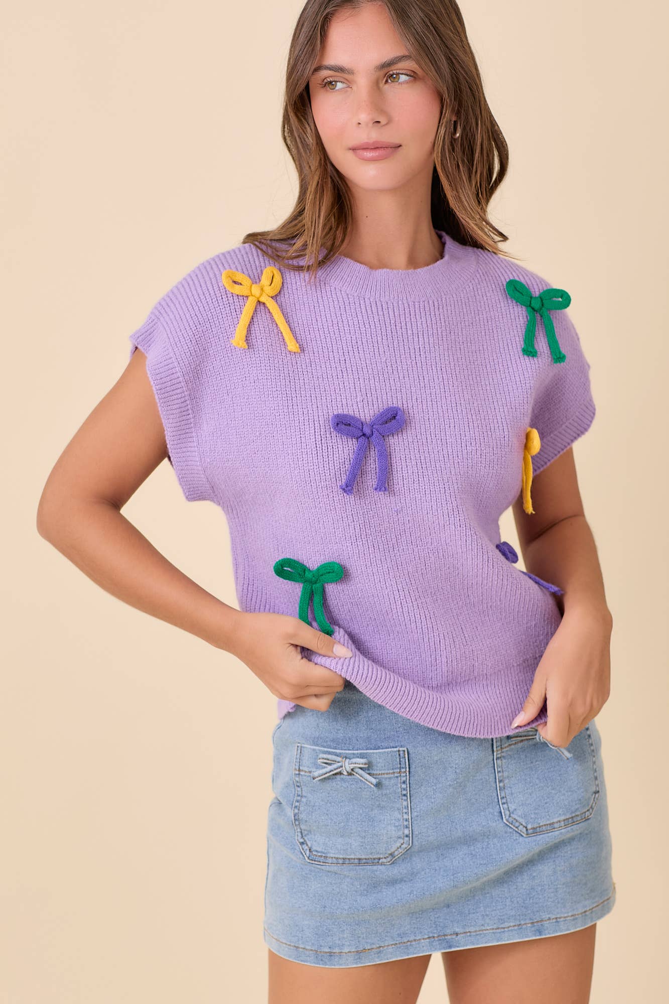 Mardi Gras Ribbon Bow Knit Top: PURPLE / L