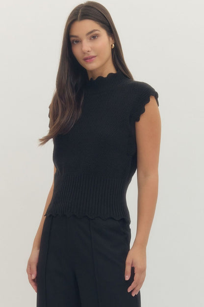 Entro - Scallop Trim Ribbed Waist Top / BLACK