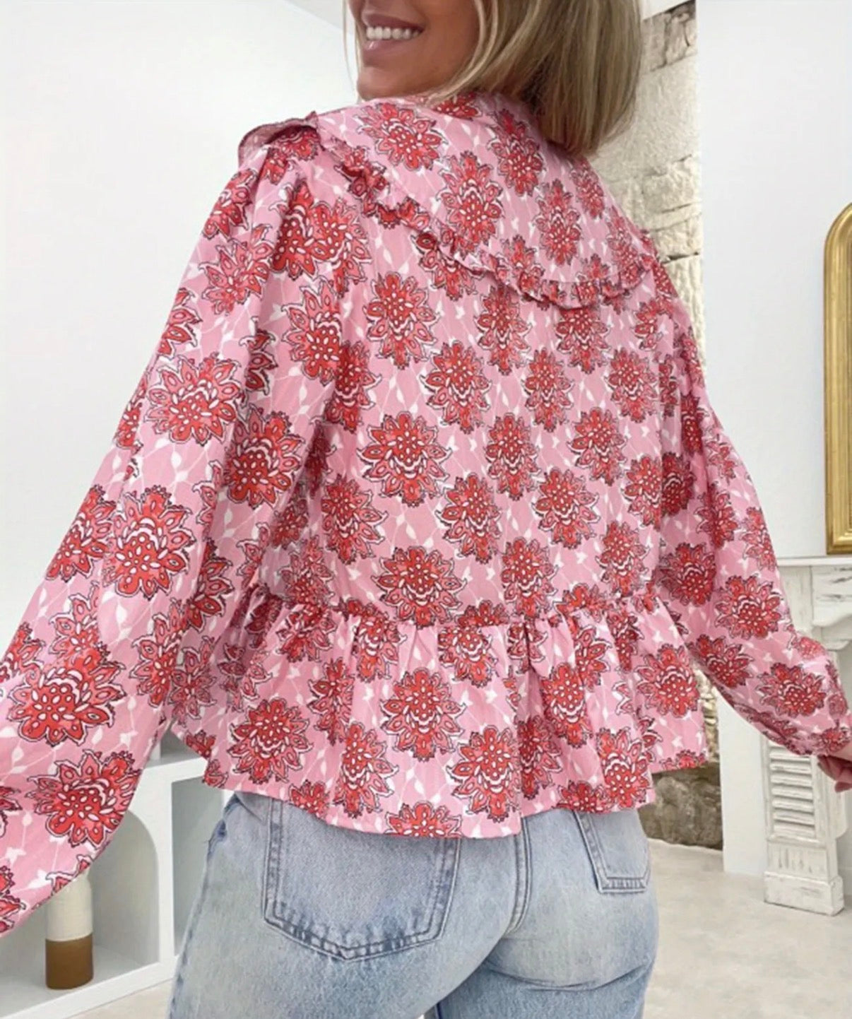 CLEARANCE: Pink Floral tie front blouse cropped ruffle bottom
