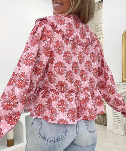 CLEARANCE: Pink Floral tie front blouse cropped ruffle bottom