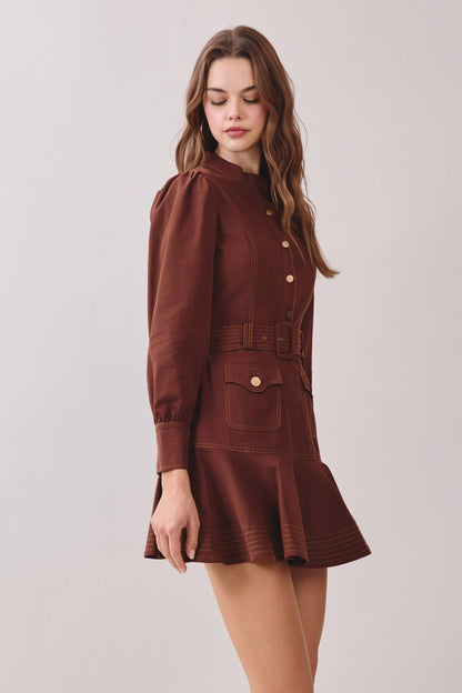 Contrast Topstitching Mock Neck Dress