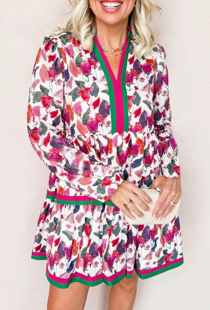 CLEARANCE: Pink/Green striped collar floral lined dress