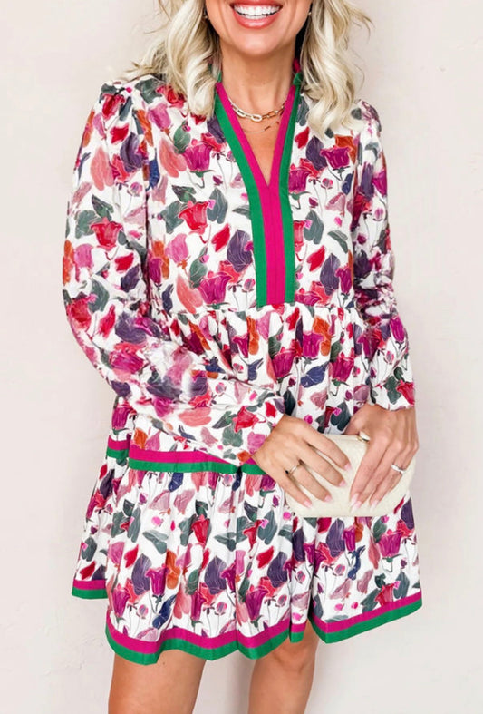 Pink/Green striped collar floral lined dress