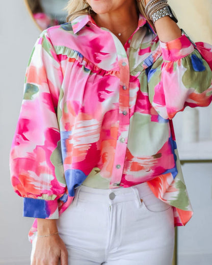 CLEARANCE: Pink Floral tie front blouse cropped ruffle bottom