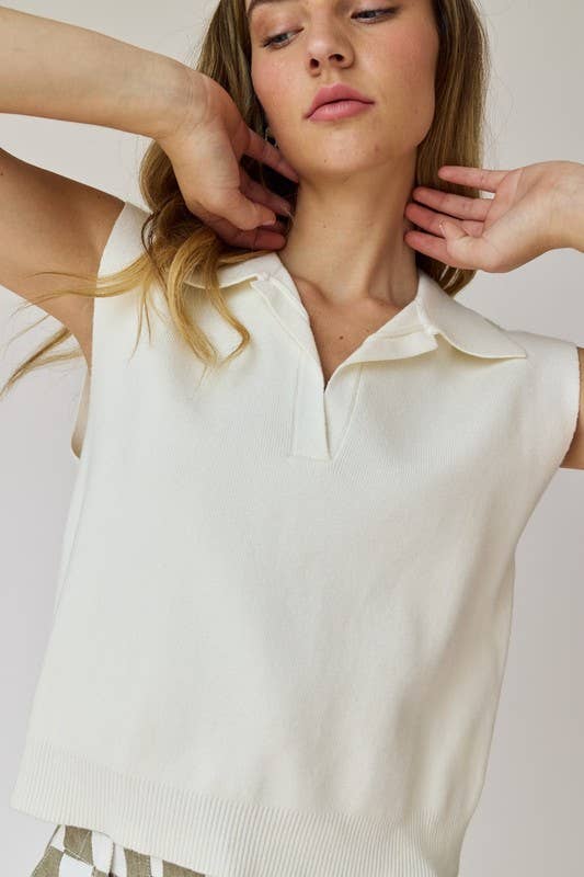 Cropped Polo Knit Top / Ivory