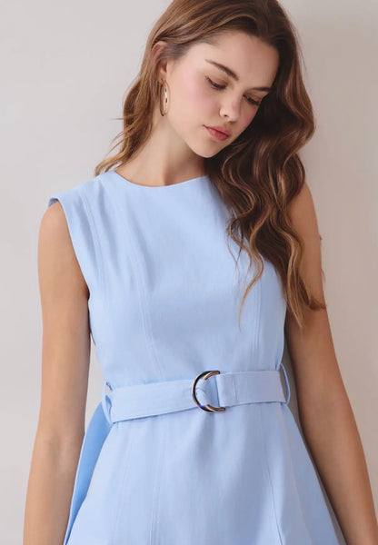 TCEC Contrast Topstitching Front Pleat belted mini dress - blue