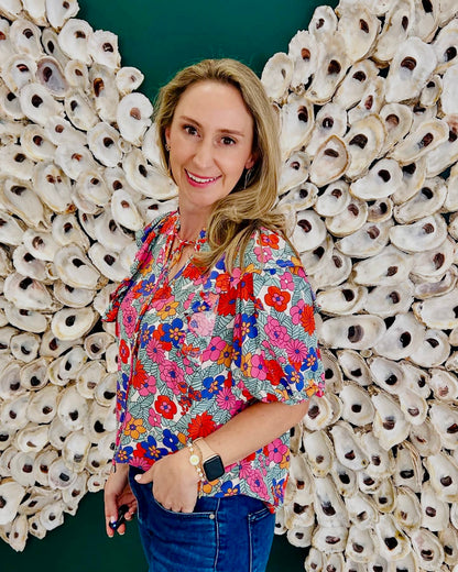 CLEARANCE: Pink Floral tie front blouse cropped ruffle bottom