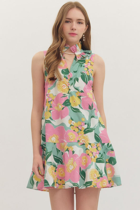 Entro Botanical print sleeveless mini dress