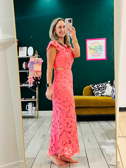 Adelyn Rae: Portia 3D Lace Cap Sleeve Midi Dress: Bubblegum Pink
