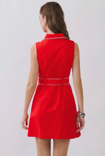 TCEC contrast stitching, structured belted mini dress / RED