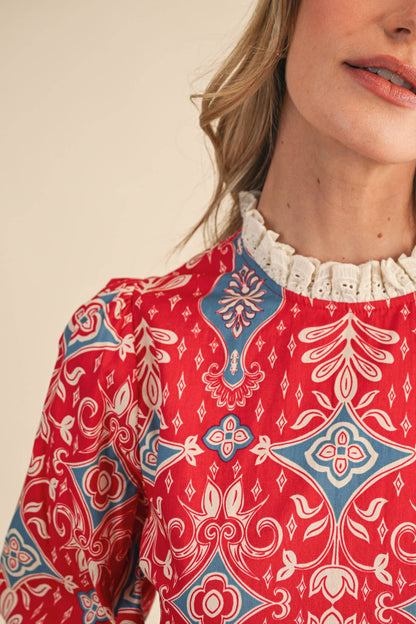 RUFFLE LACE TRIM MOCK NECK TOP
