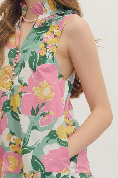 Entro Botanical print sleeveless mini dress