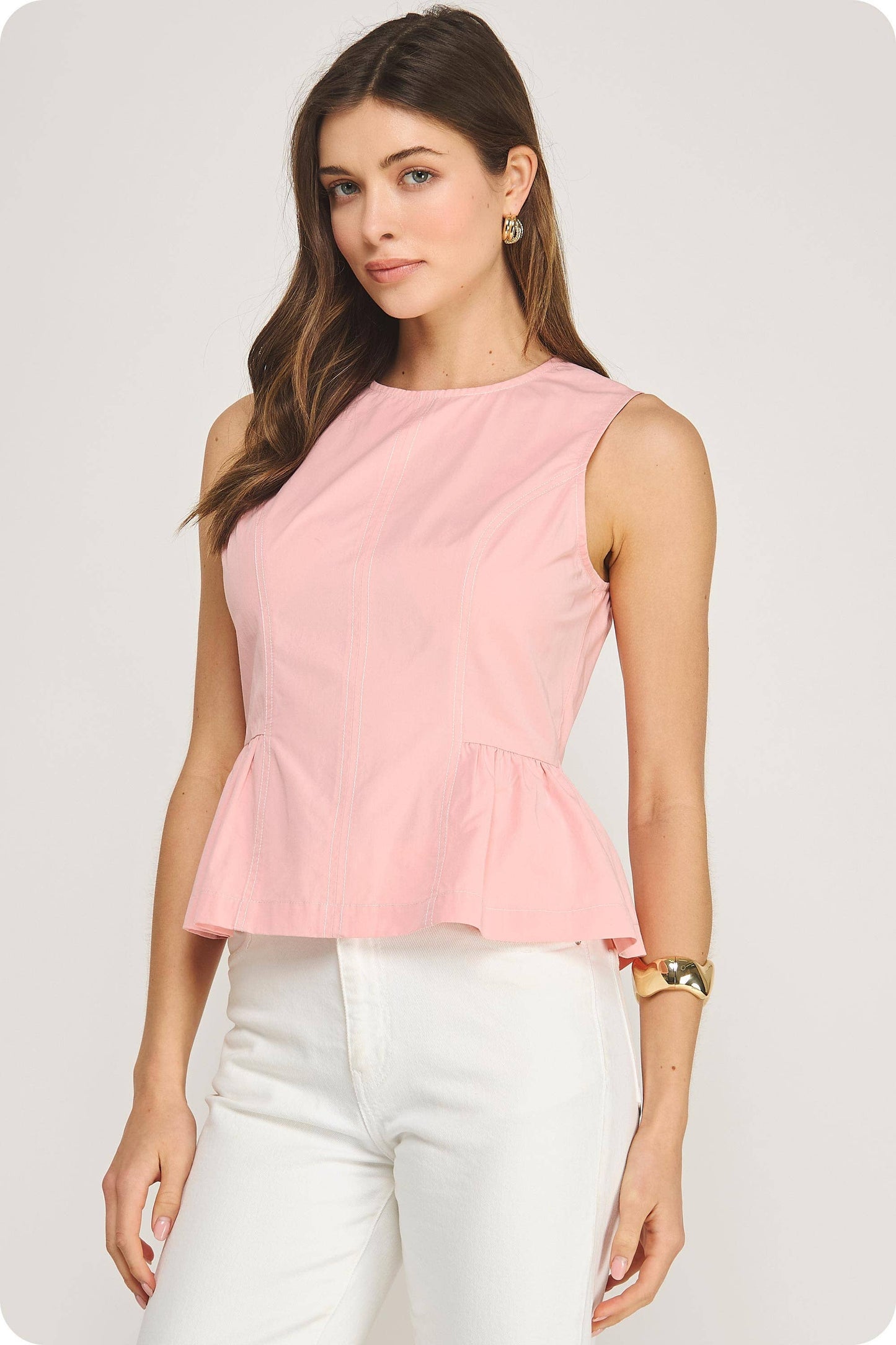 Top-stitch Poplin Sleeveless Top - CORAL PINK
