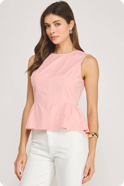 Top-stitch Poplin Sleeveless Top - CORAL PINK