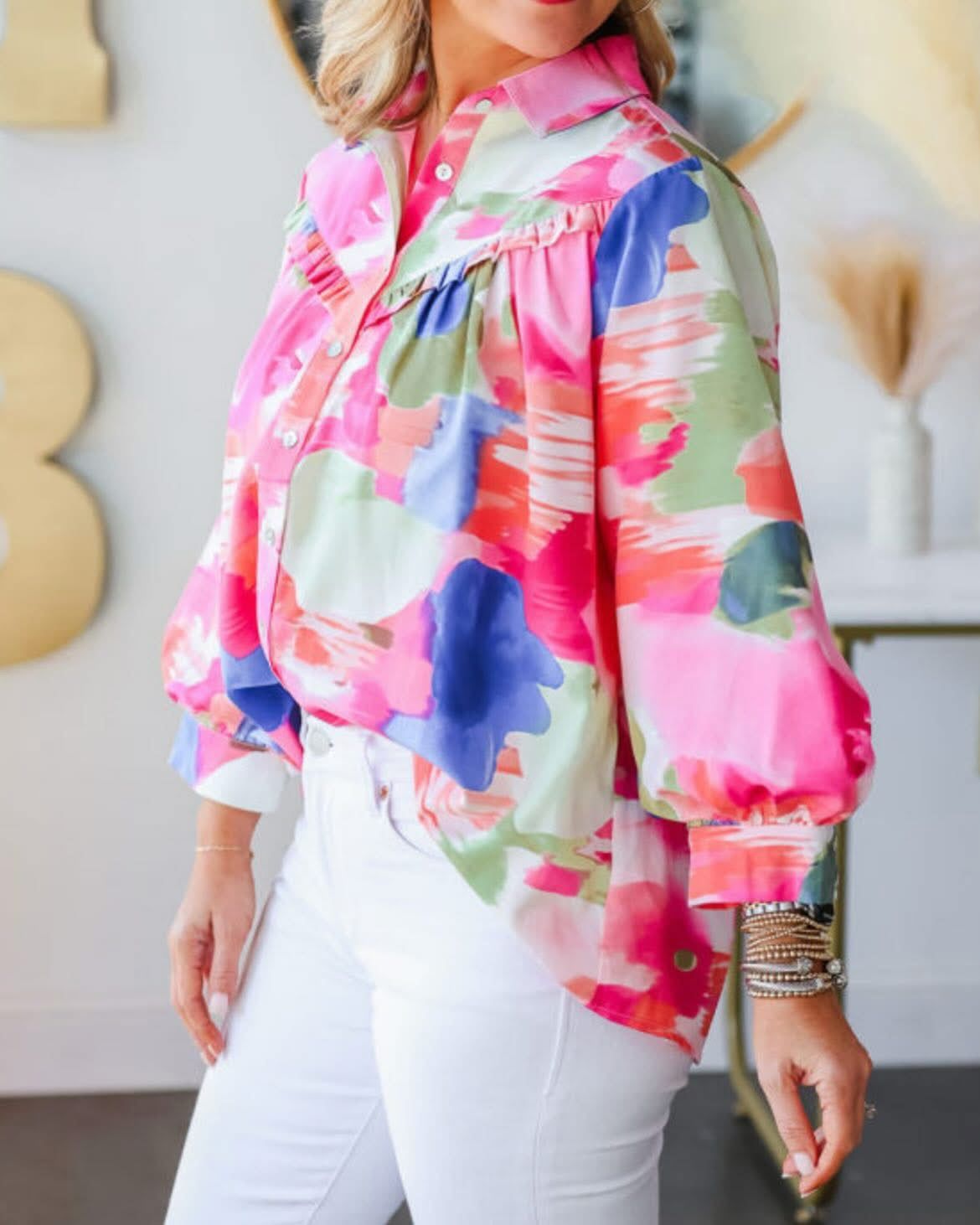 CLEARANCE: Pink Floral tie front blouse cropped ruffle bottom