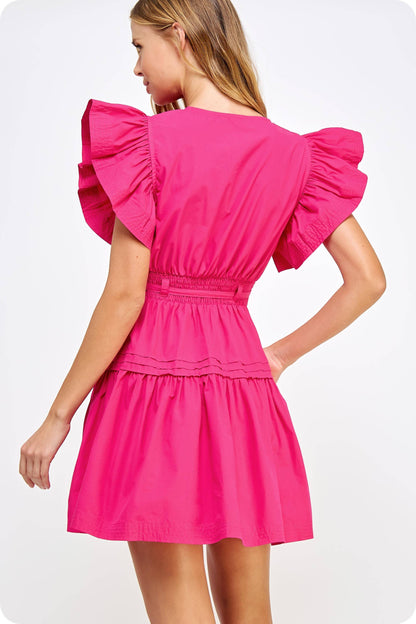 Strut & Bolt: Flutter Sleeve Poplin Mini Dress - FUSCHIA