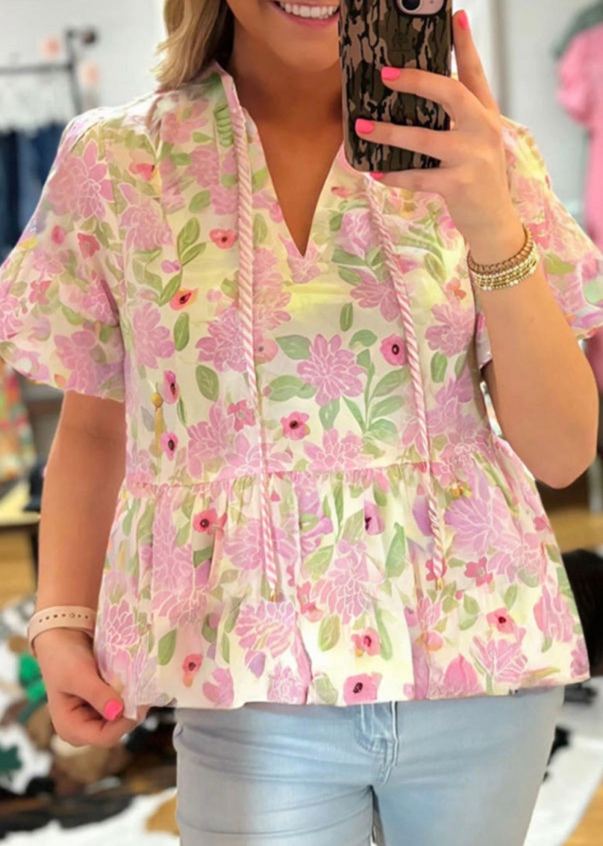 Pink and green floral blouse with pinstripe trim