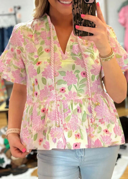 Pink and green floral blouse with pinstripe trim