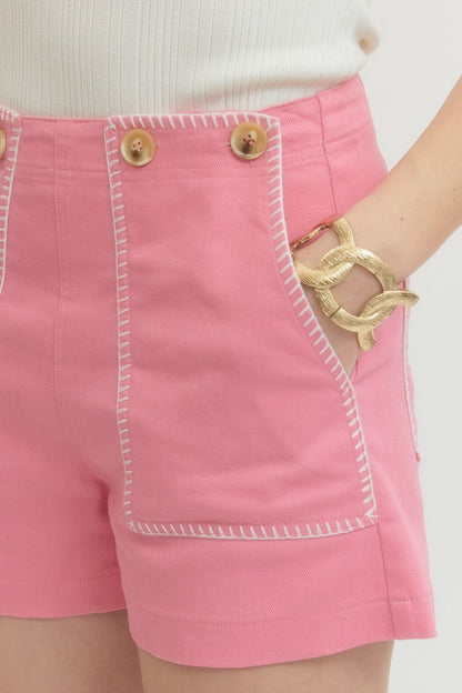 Entro - High Waisted Contrast Stitching shorts - PINK