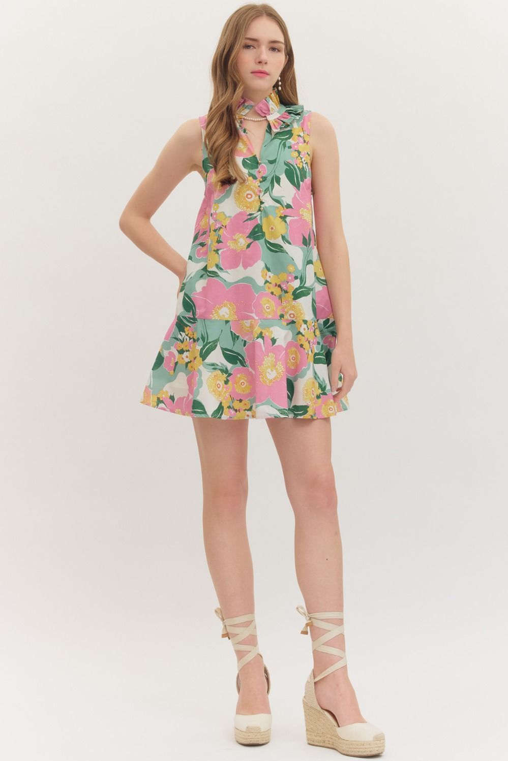 Entro Botanical print sleeveless mini dress