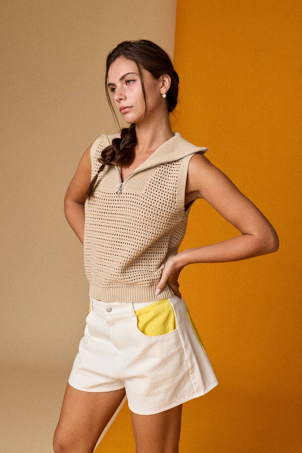 Open Knit Zip Collar Sleeveless Sweater -