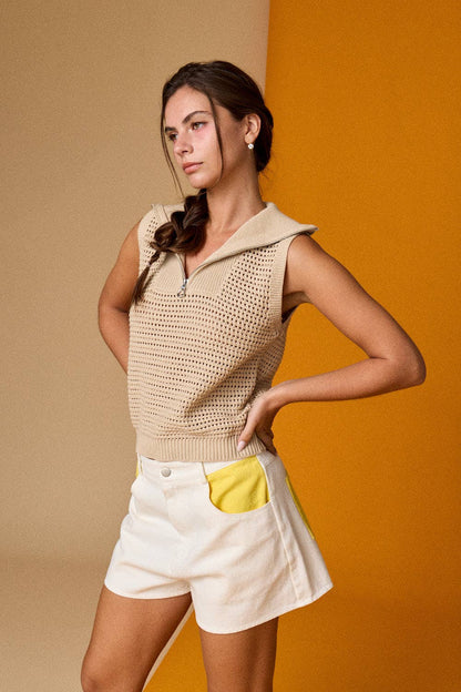 Open Knit Zip Collar Sleeveless Sweater -
