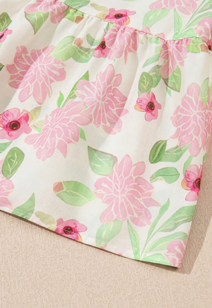 Pink and green floral blouse with pinstripe trim