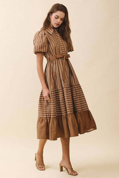 TCEC Striped Collared Neck Button Down Waist Belt Dress