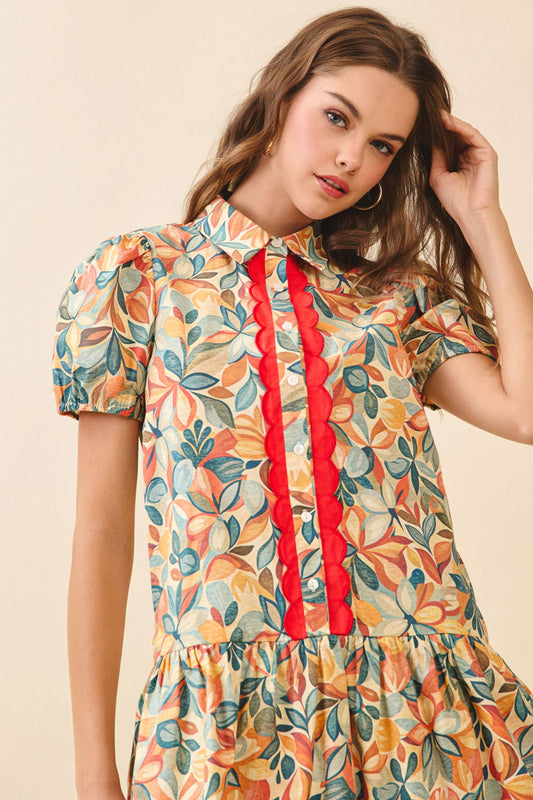 TCEC Floral Print Collared Neck Scallop Detail Dress