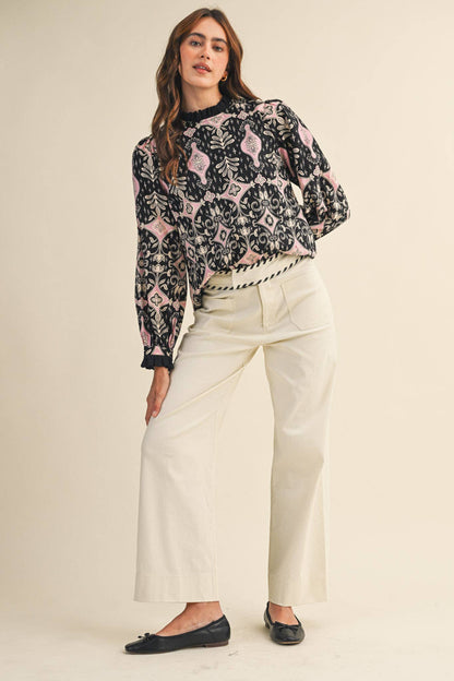 RUFFLE LACE TRIM MOCK NECK TOP