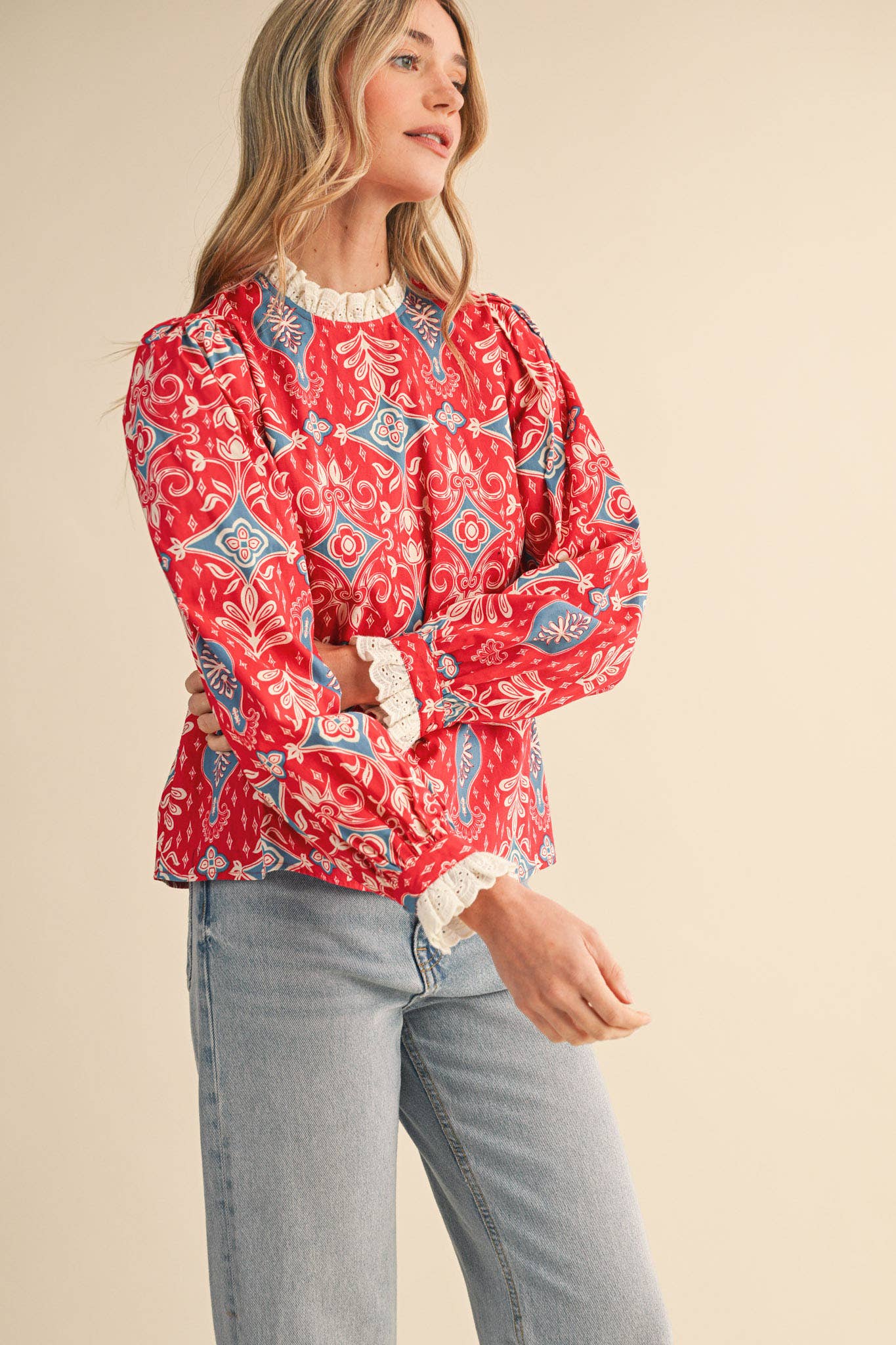 RUFFLE LACE TRIM MOCK NECK TOP