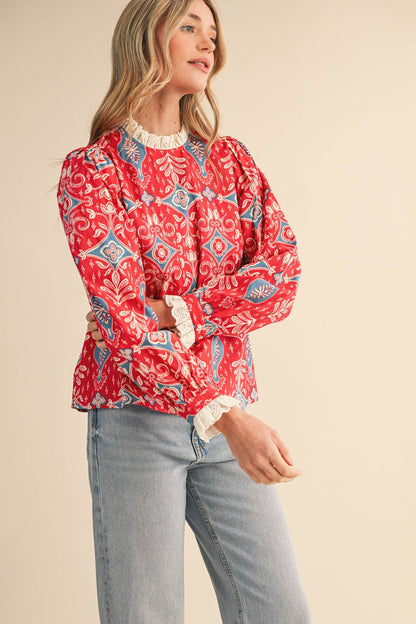 RUFFLE LACE TRIM MOCK NECK TOP