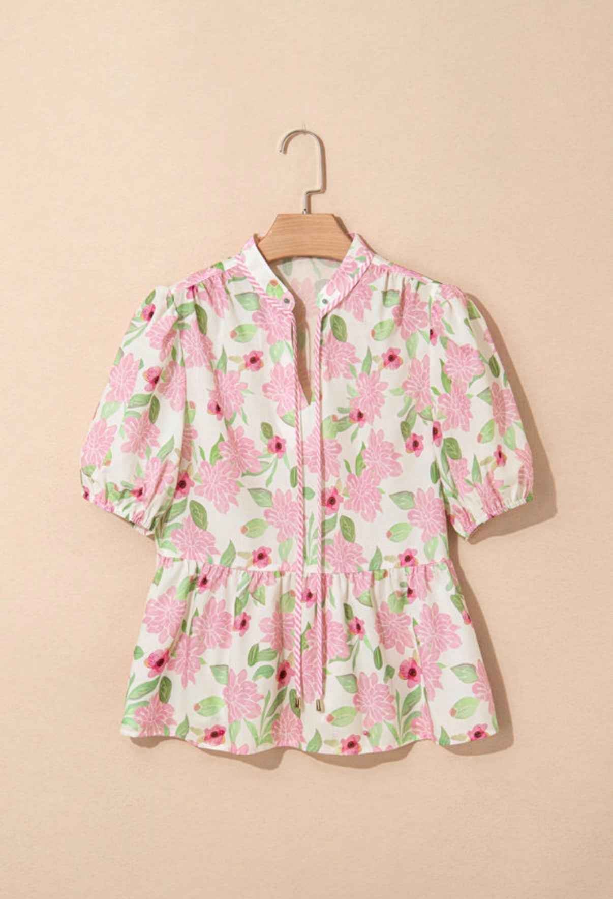 Pink and green floral blouse with pinstripe trim