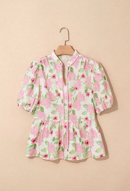 Pink and green floral blouse with pinstripe trim